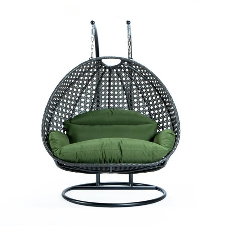 Leisuremod Charcoal Wicker Hanging 2 person Egg Swing Chair with Dark Green Cushions ESCCH-57DG